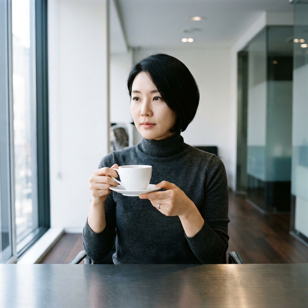 Dr. Han holding a teacup between consultations